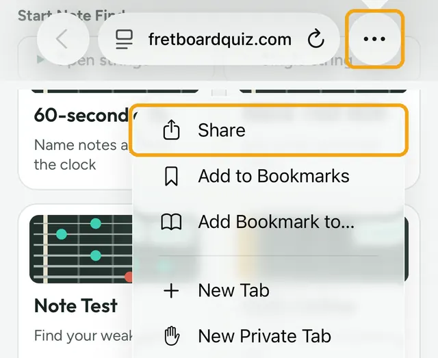 Safari toolbar with the More button, and its menu with Share highlighted