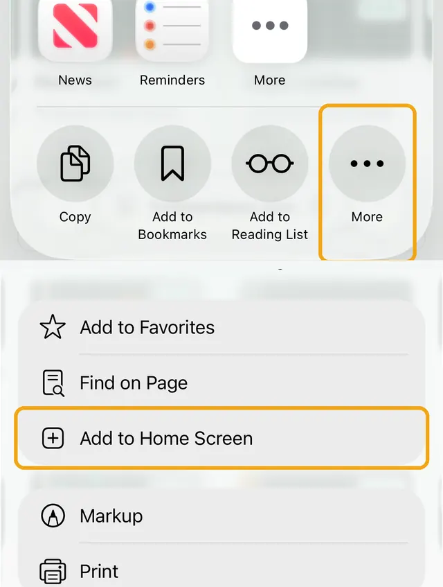 Share sheet with More highlighted, then the list with Add to Home Screen highlighted