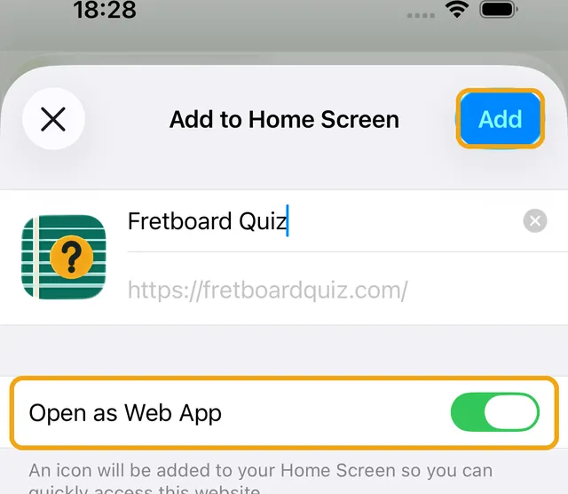 Add to Home Screen screen with Add and Open as Web App highlighted